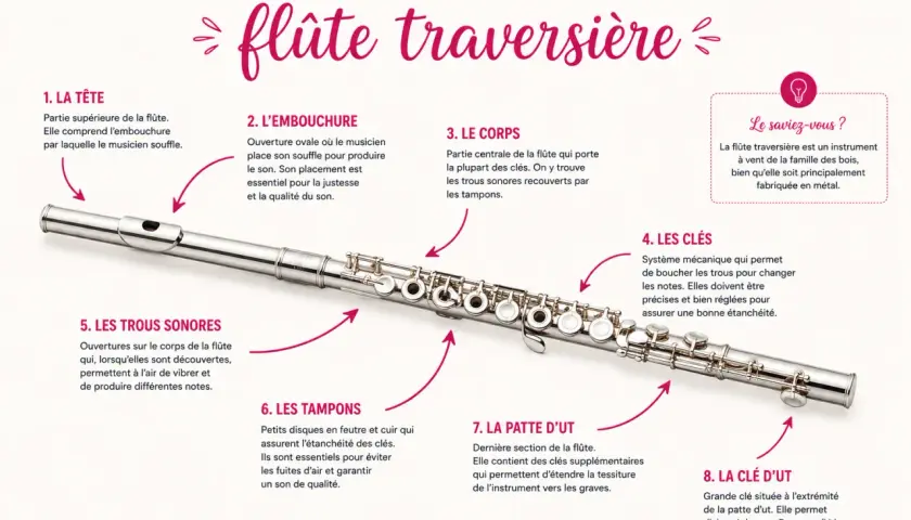 Une flûte traversière en métal, avec ses différentes parties expliquées : tête, embouchure, corps, clés, trous sonores, tampons, patte d'Ut et clé d'Ut.