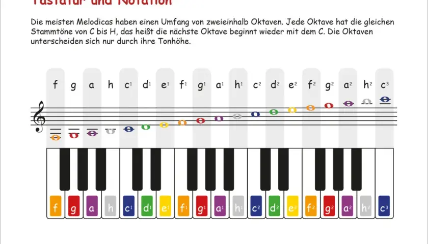 Clavier de melodica avec notes colorées et leur notation musicale. Apprenez à jouer du melodica facilement.