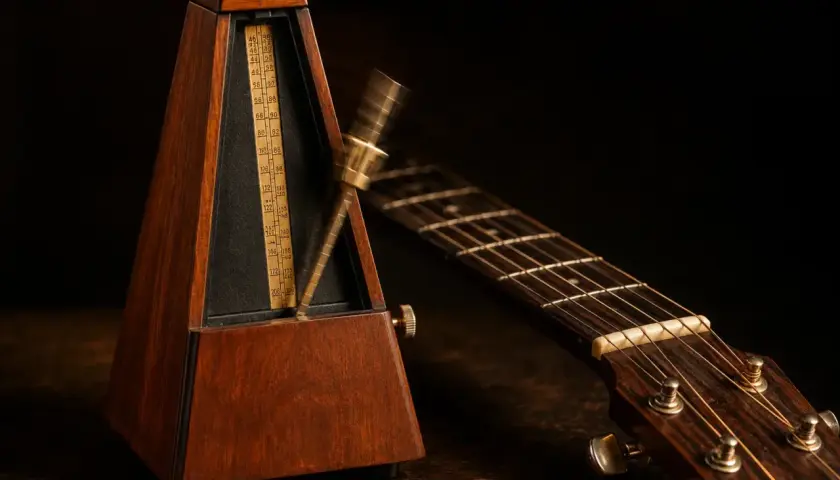 Un métronome en bois, outil essentiel pour la définition du tempo musical, oscille près d'une guitare acoustique.