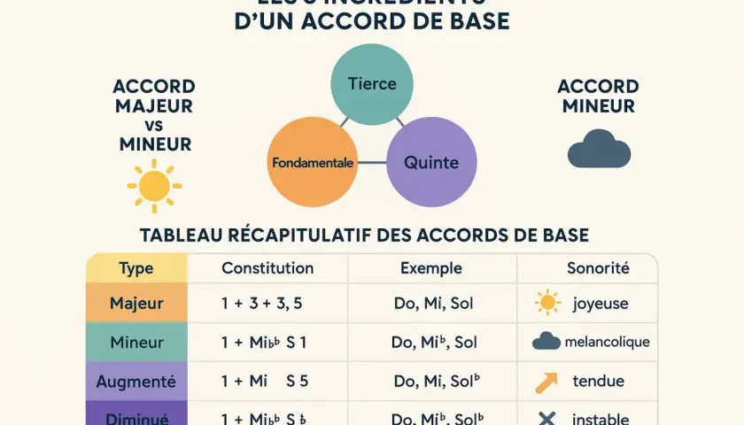 Tableau comparant accord majeur et mineur, leurs ingrédients (fondamentale, tierce, quinte) et sonorités (joyeuse vs mélancolique).
