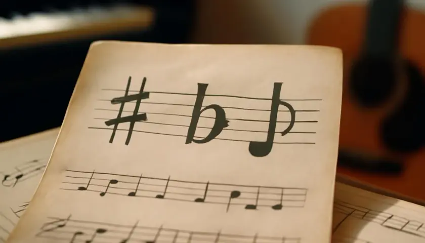 Partition de musique avec dièse, bémol et double bémol. Des notes musicales sur des portées, avec un piano et une guitare en arrière-plan.