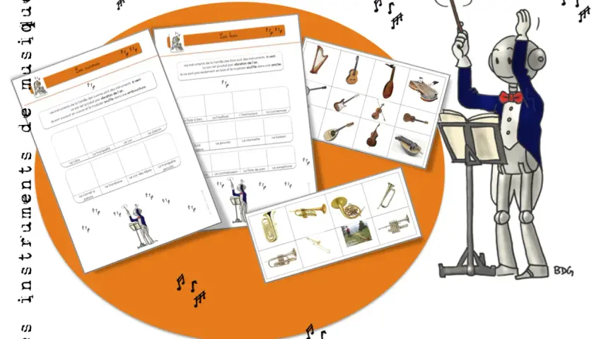 Des feuilles éducatives sur les familles d'instruments de musique, avec des illustrations et des exercices. Un robot chef d'orchestre dirige la scène.