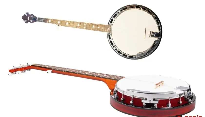 Deux banjos, l'un vu de dessus avec sa tête et son manche, l'autre de côté, révélant son corps rouge et sa peau blanche.