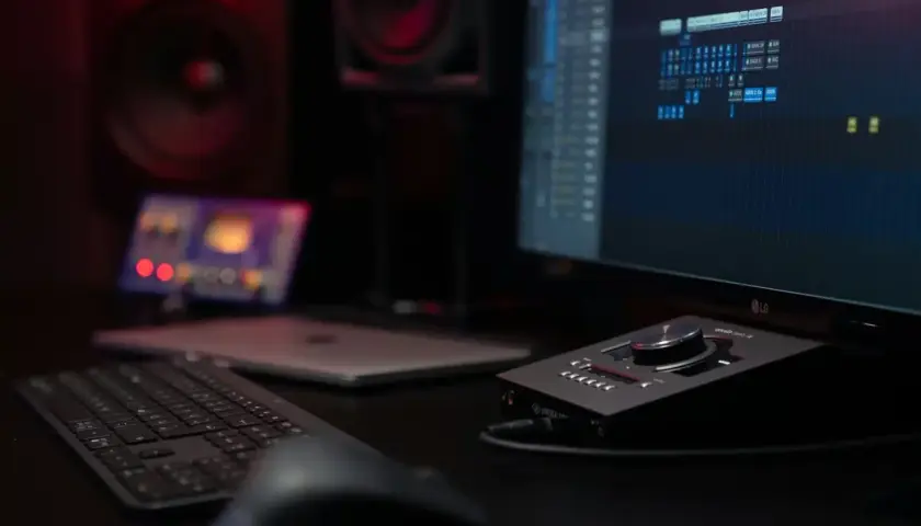 Studio d'enregistrement avec écran affichant une station de travail audio numérique, idéal pour la musique assistée par ordinateur.