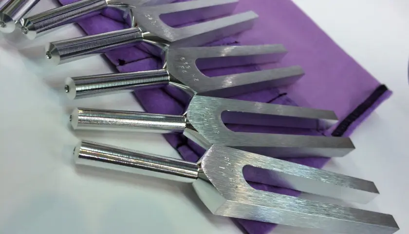 Un ensemble de diapasons en métal argenté repose sur un tissu violet. Ces outils de musique sont prêts à produire des sons purs.