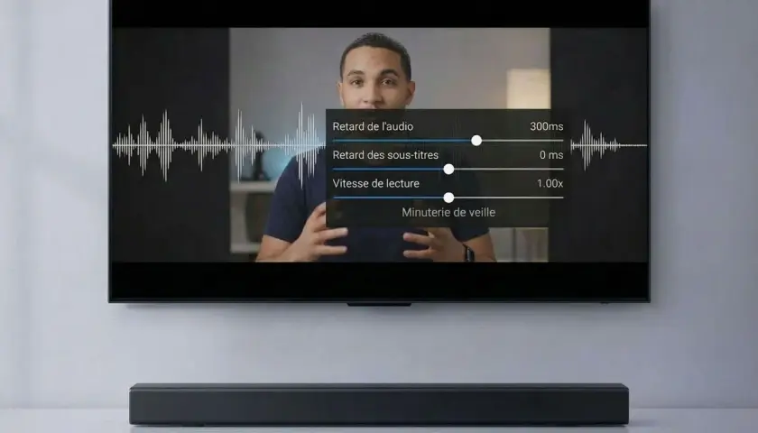 Un homme parle devant un écran de télévision affichant des réglages audio, y compris le retard et la vitesse de lecture. Le son est représenté par des formes d'onde, suggérant un flux pcm ou bitstream.