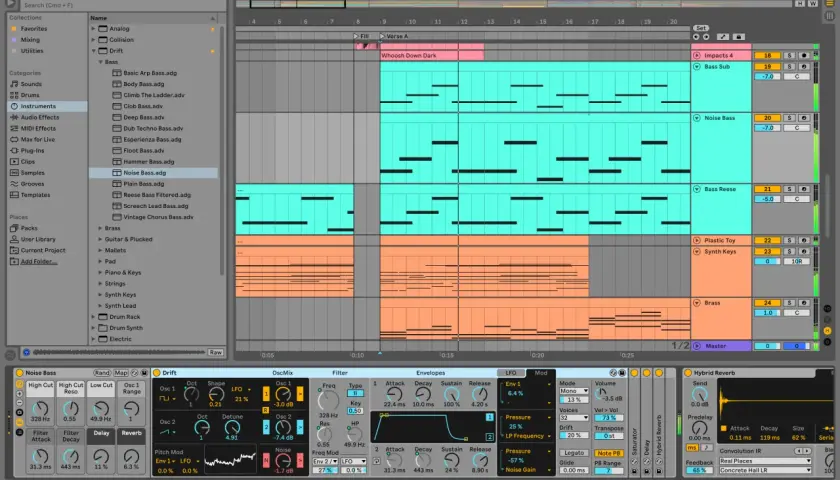 Un logiciel de mixage DJ affiche une grille de composition musicale avec des pistes de basse et de synthé. Des notes MIDI sont visibles, prêtes à être arrangées.