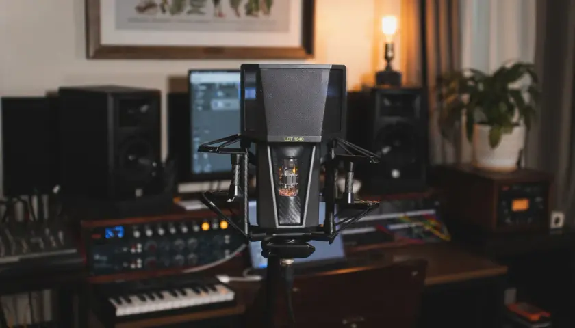 Studio d'enregistrement prêt à enregistrer une chanson. Microphone professionnel, enceintes, clavier et équipement audio.
