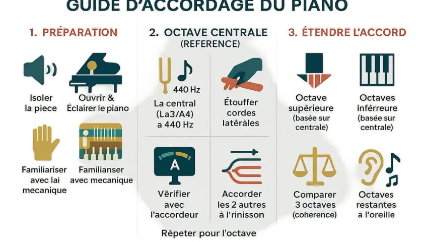 Guide pour l'accord piano : préparation, accord de l'octave centrale (La3/A4 à 440 Hz), puis extension de l'accord aux octaves supérieures et inférieures.