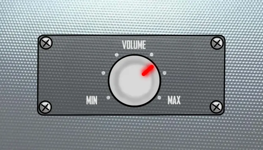 Un bouton de volume, illustration de la définition d'un égaliseur, réglé sur une position intermédiaire entre MIN et MAX.