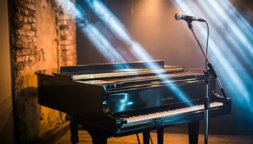 Un piano à queue noir, prêt pour un concert, sous des rayons de lumière bleus et dorés. Le micro est en place, attendant la première note de si bémol piano.