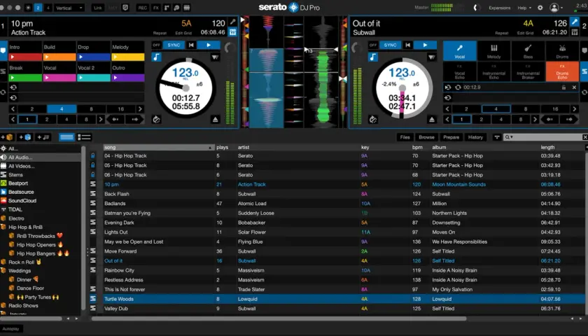 Interface de Serato DJ Pro sur iPad, affichant deux platines virtuelles, des formes d'onde et une bibliothèque musicale.
