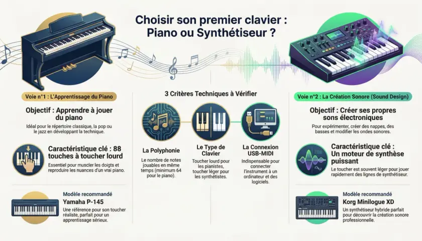 Comparaison entre piano et synthétiseur : apprendre le piano ou créer des sons électroniques. Le piano offre 88 touches lourdes pour un toucher réaliste, idéal pour le classique et le jazz. Le synthétiseur permet la création sonore avec un toucher léger.