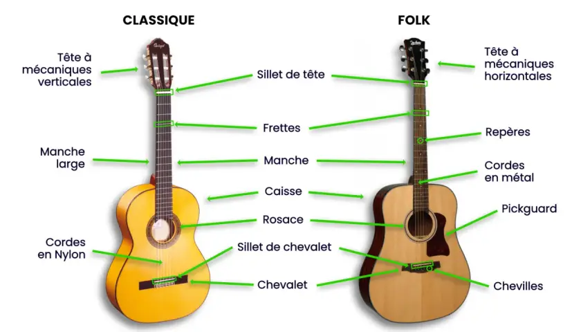 Comparaison entre une guitare classique et une guitare folk. La classique, idéale pour une première guitare, a des mécaniques verticales et des cordes en nylon.