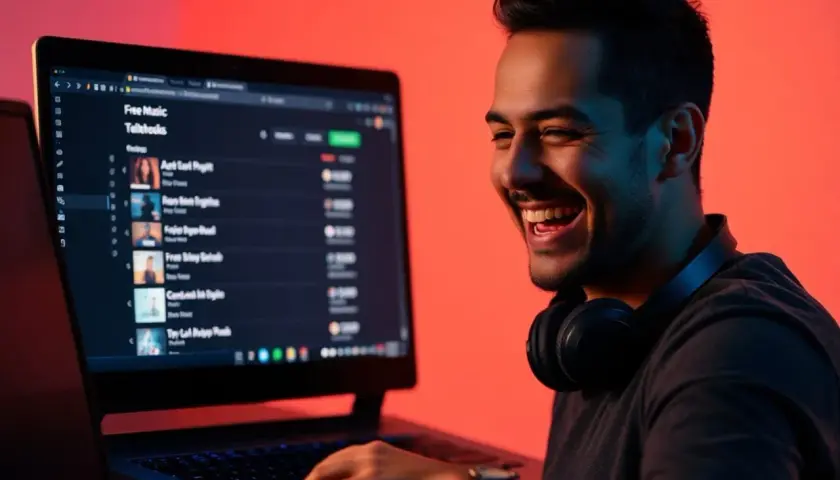 Un DJ souriant découvre un site de musique pour DJ gratuit sur son ordinateur portable, prêt à mixer.