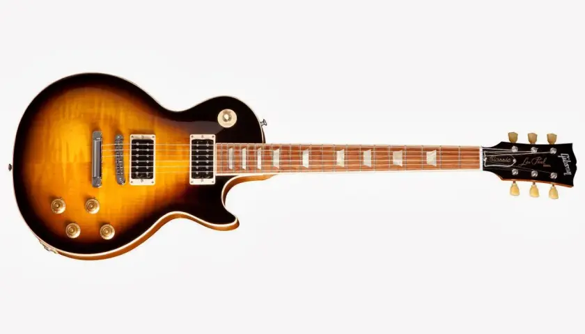 Diapason Gibson Les Paul Classic, un classique du rock avec son sunburst flamboyant.