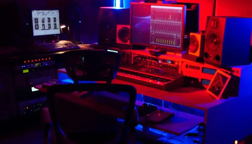 Studio d'enregistrement éclairé en rouge et bleu, avec un ordinateur affichant un logiciel de production musicale, un clavier, des enceintes et un sampler.