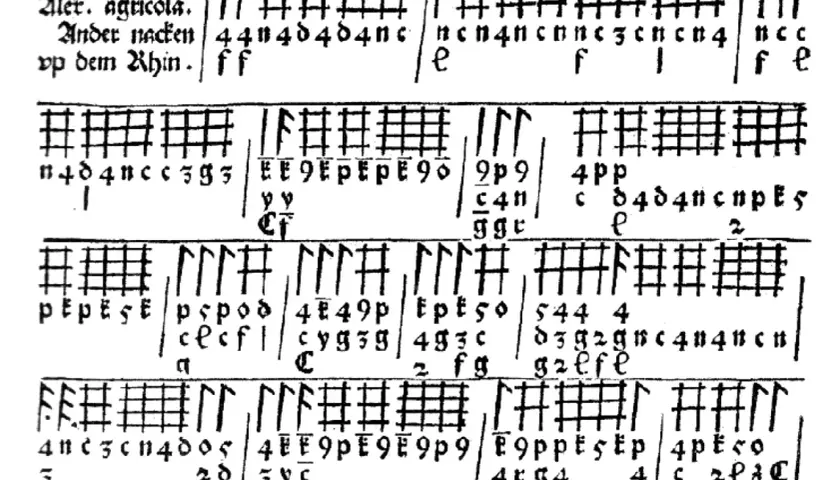 Extrait d'une partition ancienne, cette notation américaine utilise des symboles et des lettres pour guider l'interprétation musicale.
