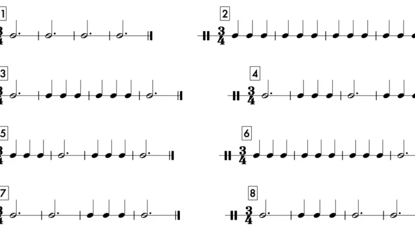 Huit portées musicales en mesure 3/4, numérotées de 1 à 8, présentant différentes combinaisons de croches et de noires pointées.