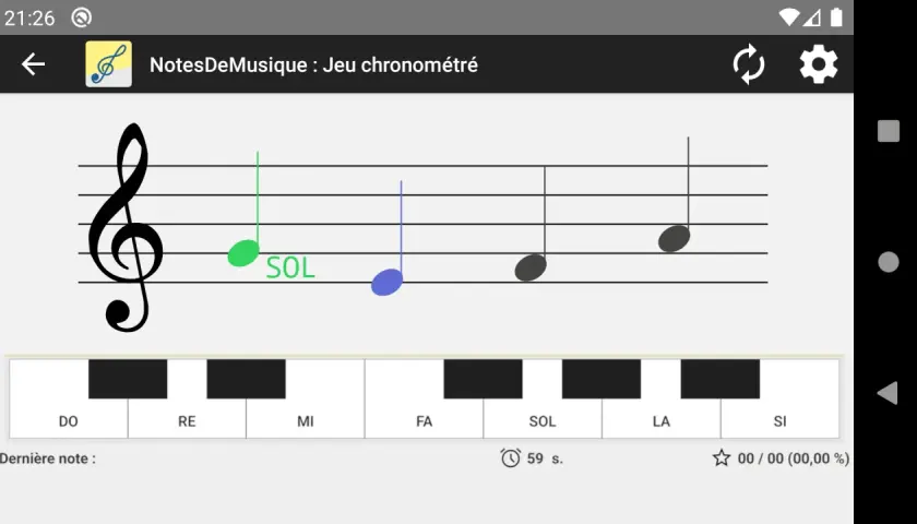 Une partition avec une clé de sol et plusieurs notes. La note SOL est mise en évidence. Un clavier de piano virtuel affiche les notes DO, RE, MI, FA, SOL, LA, SI.