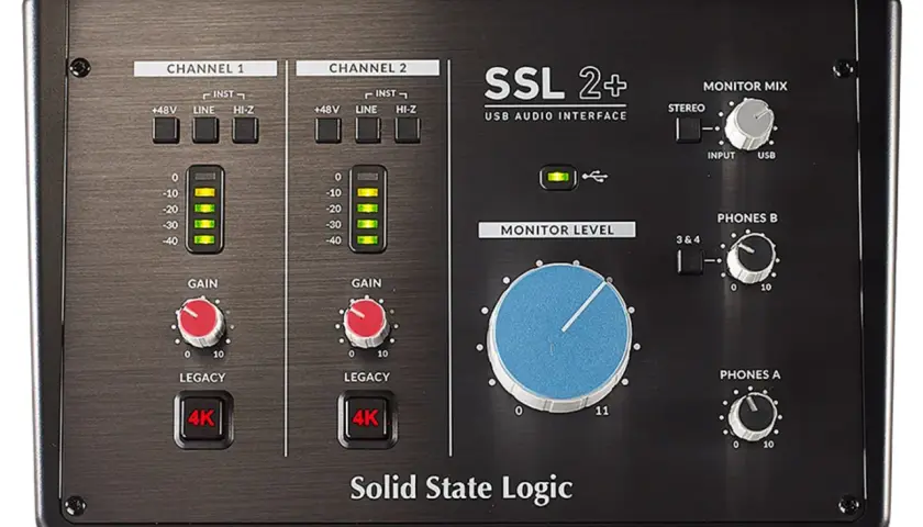 Interface audio USB SSL 2+ : la meilleure interface audio pour des enregistrements professionnels, avec deux canaux, des commandes de gain et des boutons 4K.