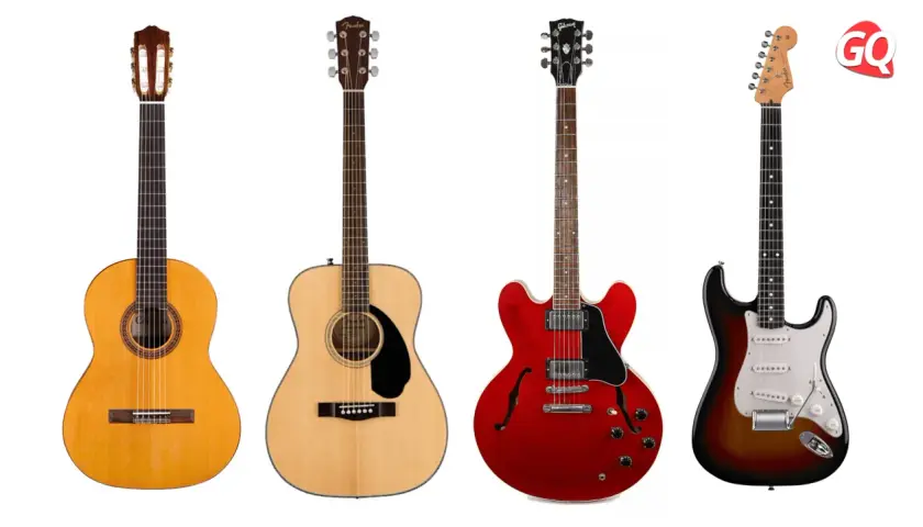 Comparaison : différence guitare folk et acoustique. Quatre guitares : classique, folk, semi-hollow et électrique.