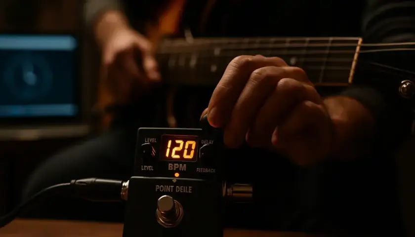 Main d'un guitariste ajustant un pédalier affichant 120 BPM, un tempo vivace pour une session d'enregistrement.