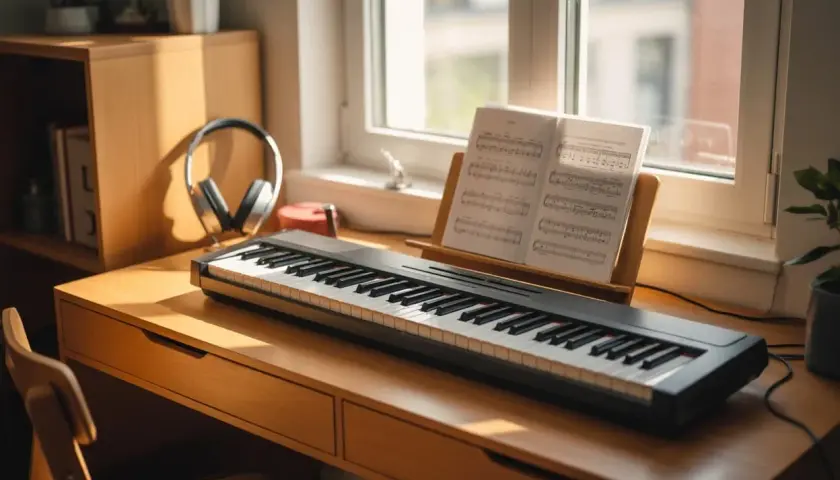 Un piano numérique prêt à l'emploi, avec partitions, sur un bureau en bois près d'une fenêtre. Idéal pour louer un piano numérique et commencer à jouer.