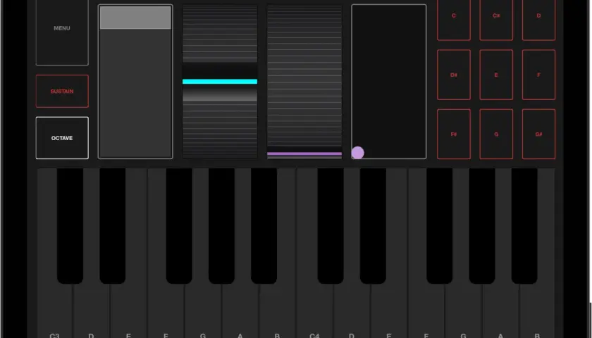 Clavier virtuel sur un iPad, avec des contrôles pour la vélocité, le pitch bend, le mod wheel, et un XY pad. Idéal pour le contrôle MIDI.