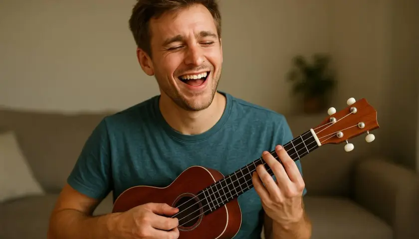 Un homme rit aux éclats en jouant du ukulélé, capturant le rythme joyeux de la musique.