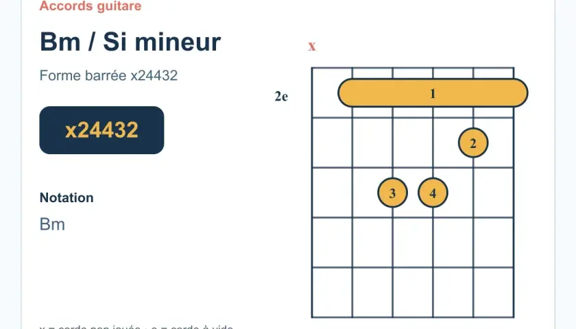 Diagramme d'accord de guitare pour le Si mineur (Bm). La forme barrée x24432 est expliquée.