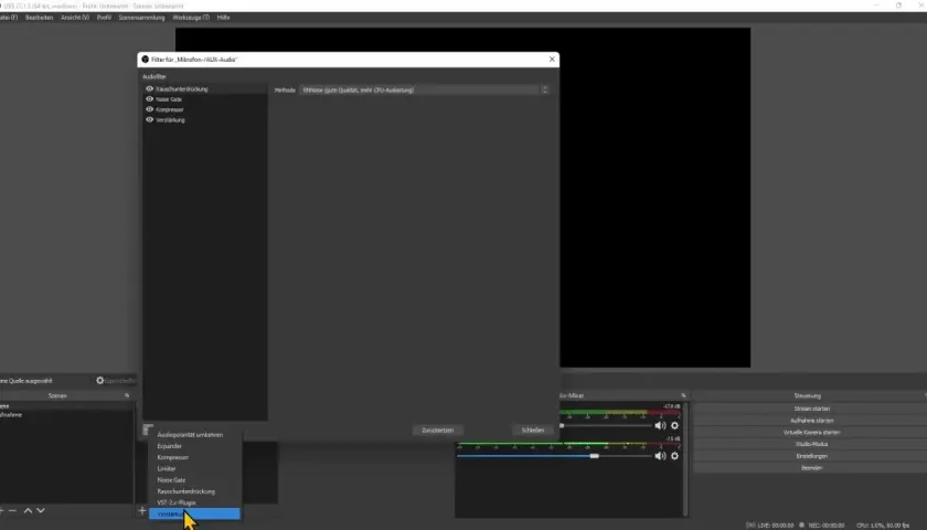 Dans OBS, le menu des filtres audio pour le micro affiche "Verstärkung" (gain micro).