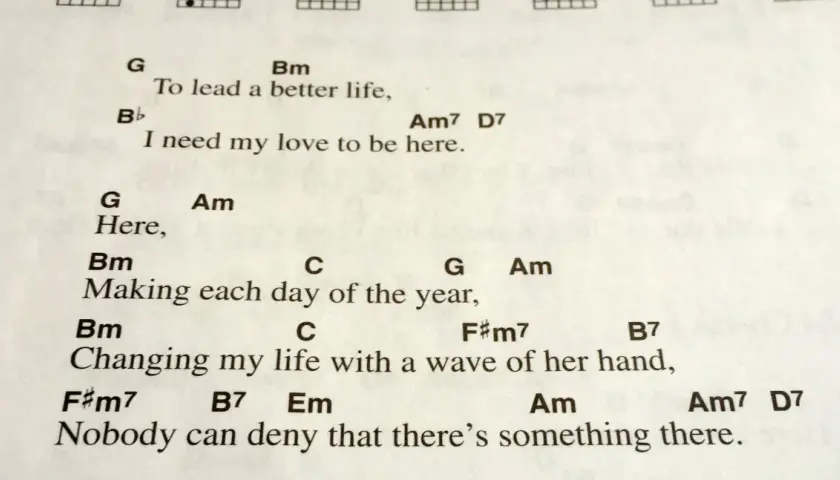 Partition de chanson avec accords, dont la gamme mi majeur, pour "To lead a better life".