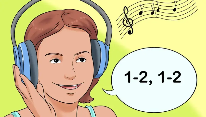 Une jeune femme écoute de la musique avec des écouteurs, comptant "1-2, 1-2". Un temps fort musical est représenté par des notes de musique.