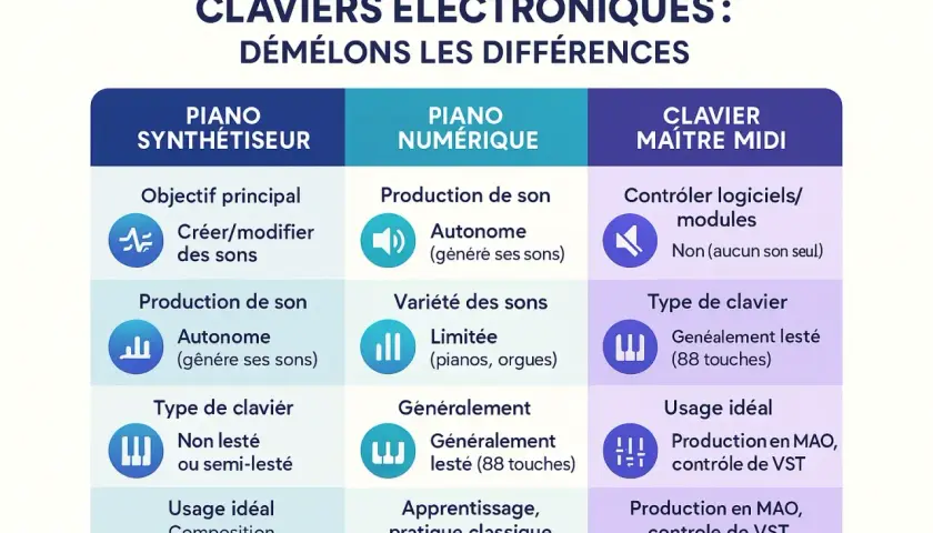 Tableau comparatif des claviers électroniques : piano synthétiseur, piano numérique et clavier maître MIDI.