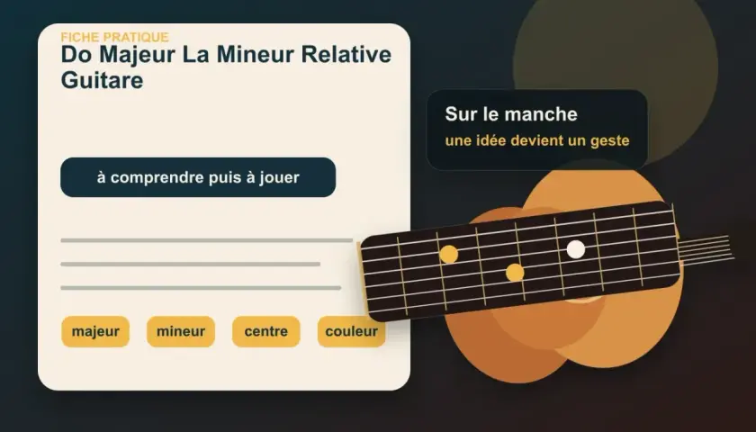 Fiche pratique guitare : Do Majeur La Mineur Relative. Le manche de la guitare montre des positions pour comprendre la gamme de sol majeur.