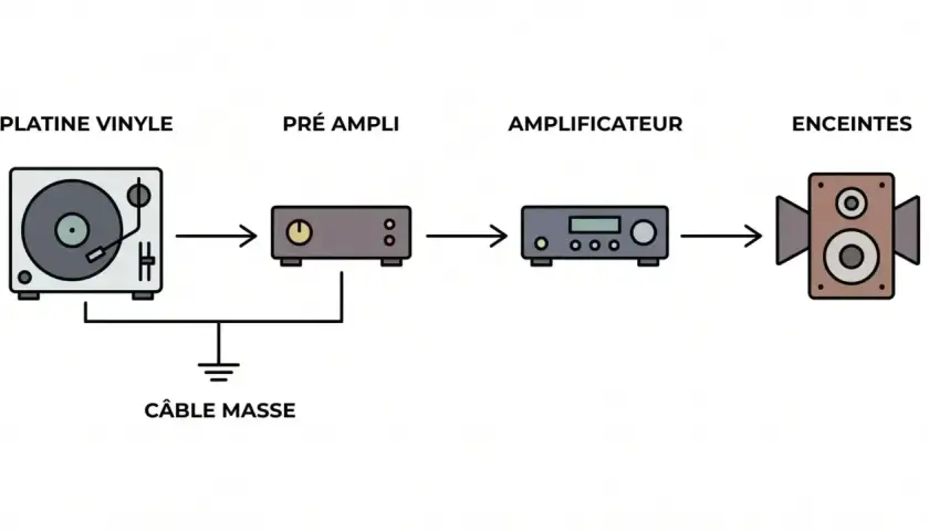 Schéma d'une chaîne hi-fi : platine vinyle, préampli, amplificateur et enceintes. Le câble de masse relie la platine au préampli. Une sortie phono est essentielle.