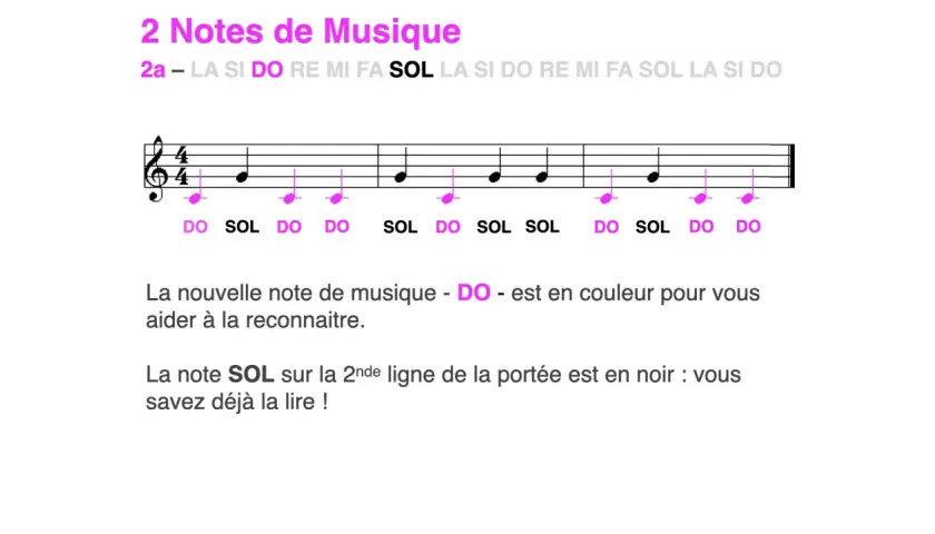 Exercice pour apprendre à solfège chanter les notes DO et SOL sur une portée. La note DO est en couleur pour faciliter sa reconnaissance.