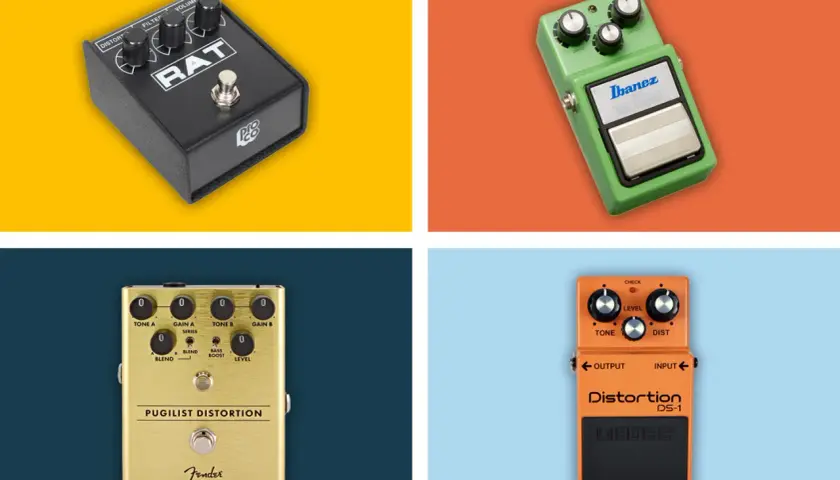 Quatre pédales d'effet guitare : RAT, Tube Screamer, Pugilist Distortion et DS-1. Parfaites pour la distorsion musicale.