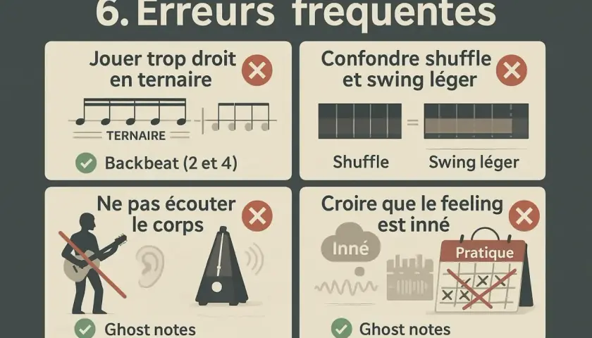Erreurs fréquentes en solfège rythmique : jouer droit en ternaire, confondre shuffle et swing, ignorer son corps, croire le feeling inné.