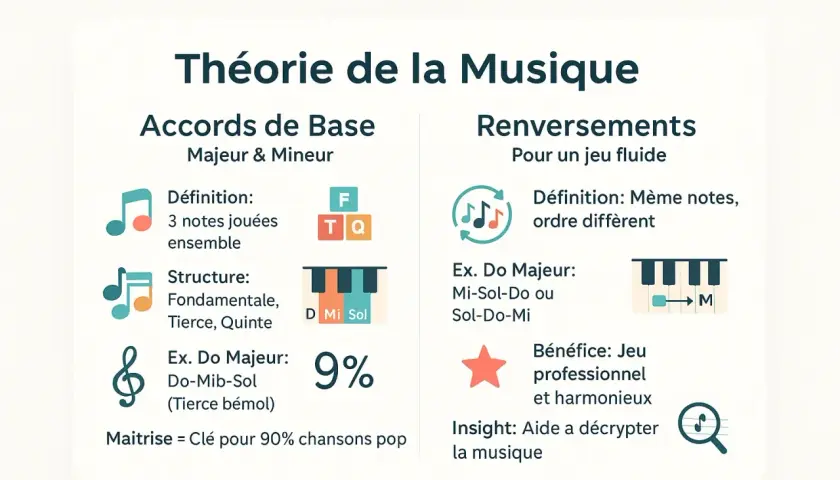 Théorie musicale : accords de base (majeur/mineur) et renversements. Illustration de notes, touches de piano et symboles.