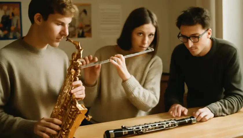 Trois jeunes jouent d'un instrument à vent : un saxophone, une flûte traversière et un hautbois.