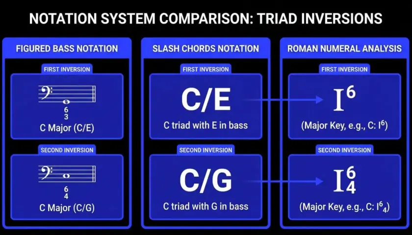 Comparaison des notations musicales pour les renversements de triades : basse chiffrée, accords avec slash, et analyse en chiffres romains. Un accord parfait.