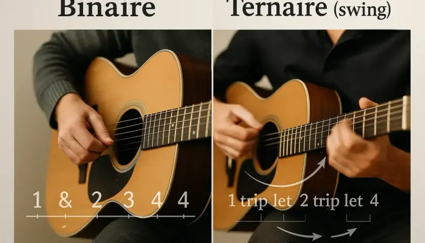 Deux mains jouent de la guitare, l'une montrant un rythme binaire, l'autre un rythme ternaire avec le swing.