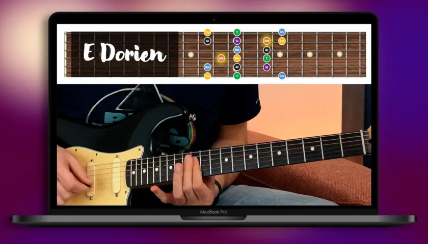 Apprentissage de la gamme E Dorien sur une guitare, inspiré par le style de David Gilmour.
