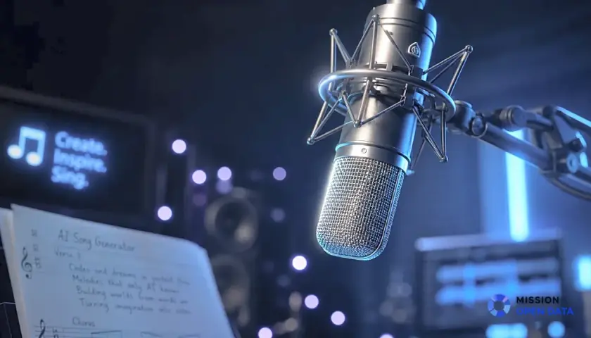 Microphone argenté devant des lumières bleues. Une partition "AI Song Generator" et un écran affichent "Create. Inspire. Sing." pour un refrain musique.