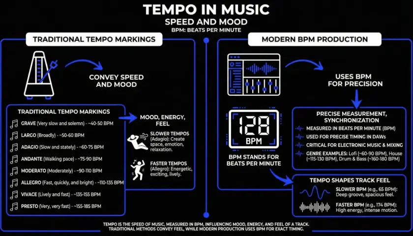 Infographie sur le tempo en musique. Le terme "largo musique" est mentionné, décrivant un tempo lent et large, influençant l'ambiance.