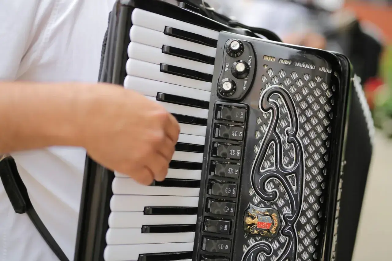 Main d'un musicien jouant sur un accordéon noir, avec ses touches blanches et noires et ses boutons de registres.