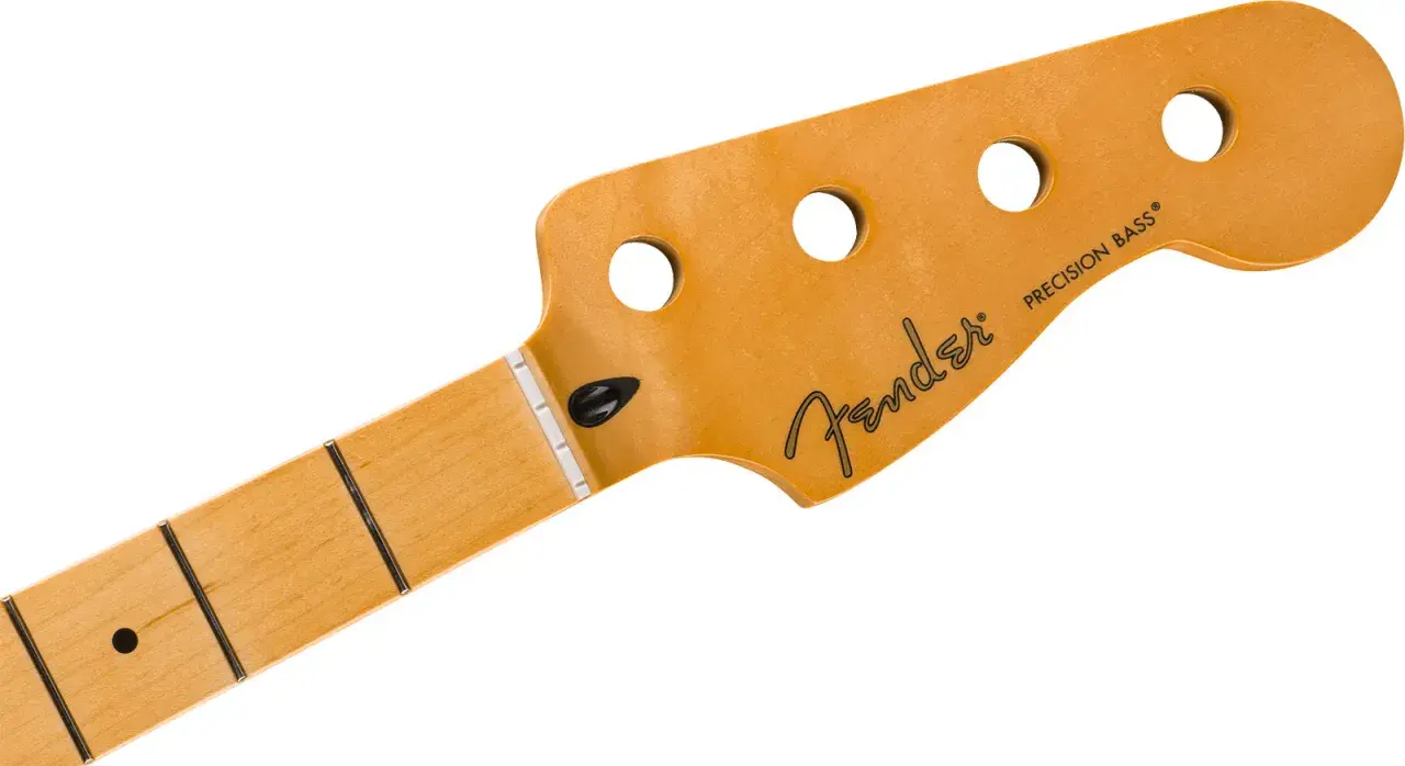 Manche de basse Fender Precision Bass, profil C moderne, bois clair, logo Fender.