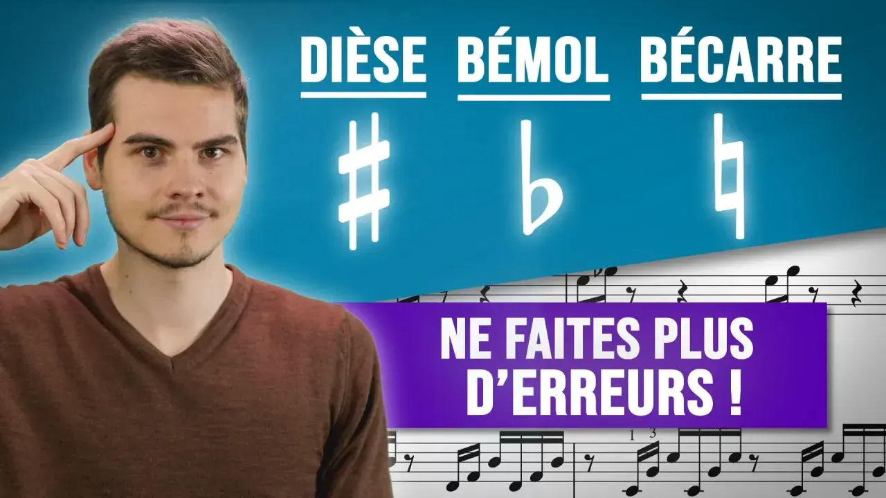 Un homme pense à la musique, avec les symboles dièse, bémol et bécarre. Il apprend à ne plus faire d'erreurs.